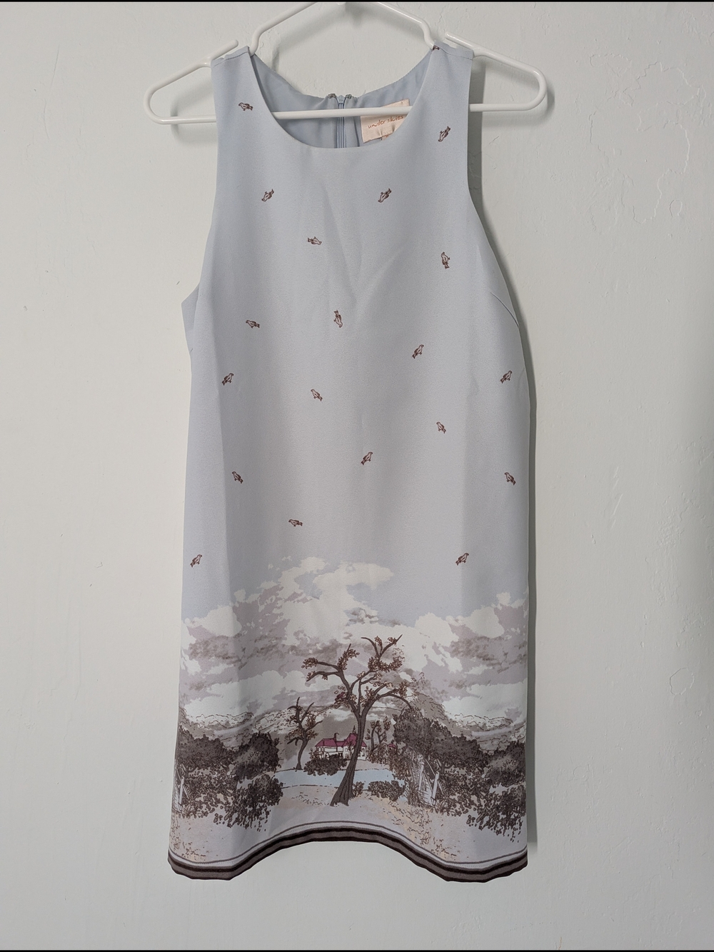 Sleeveless Light Blue Scenic Print Shift Dress